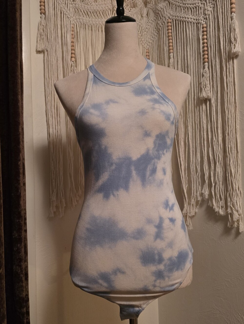 Gianni Bini Blue and White Tie-Dye Ribbed Halter Tank Bodysuit